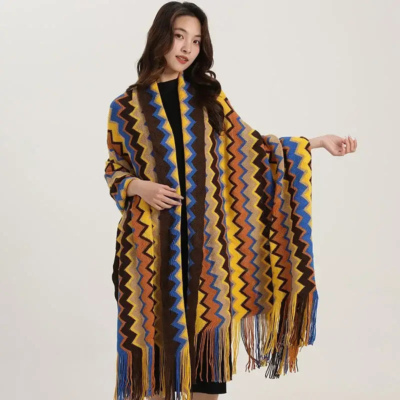 Bohemian yellow blue brown and orange zigzag knit fringe shawl with vibrant wavy fringe perfect as living room blanket