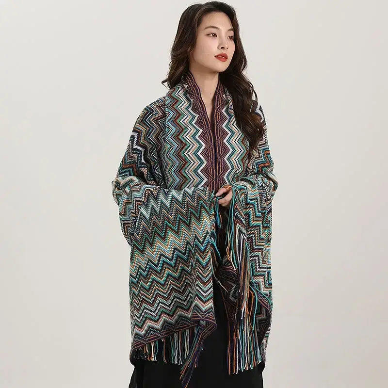 Bohemian red and teal knit wavy fringe shawl with multicolored zigzag pattern and fringe detailing for living room use