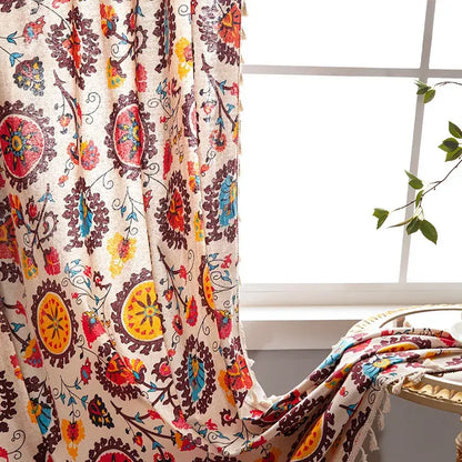 Beige cotton linen curtain with vibrant floral paisley patterns and tassels for decorbites bohemian retro ethnic living room decor