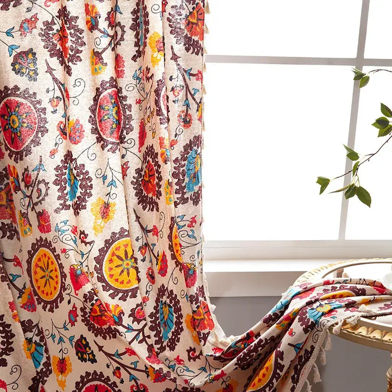 Beige cotton linen curtain with vibrant floral paisley patterns and tassels for decorbites bohemian retro ethnic living room decor