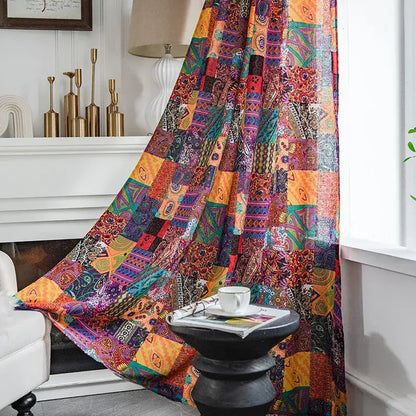 Vibrant patchwork curtain in cotton linen featuring colorful bohemian retro ethnic patterns for living room decorbites decor