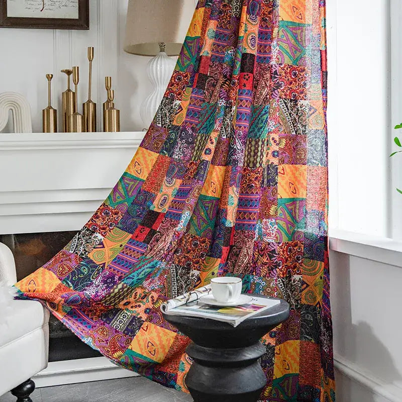 Vibrant patchwork curtain in cotton linen featuring colorful bohemian retro ethnic patterns for living room decorbites decor