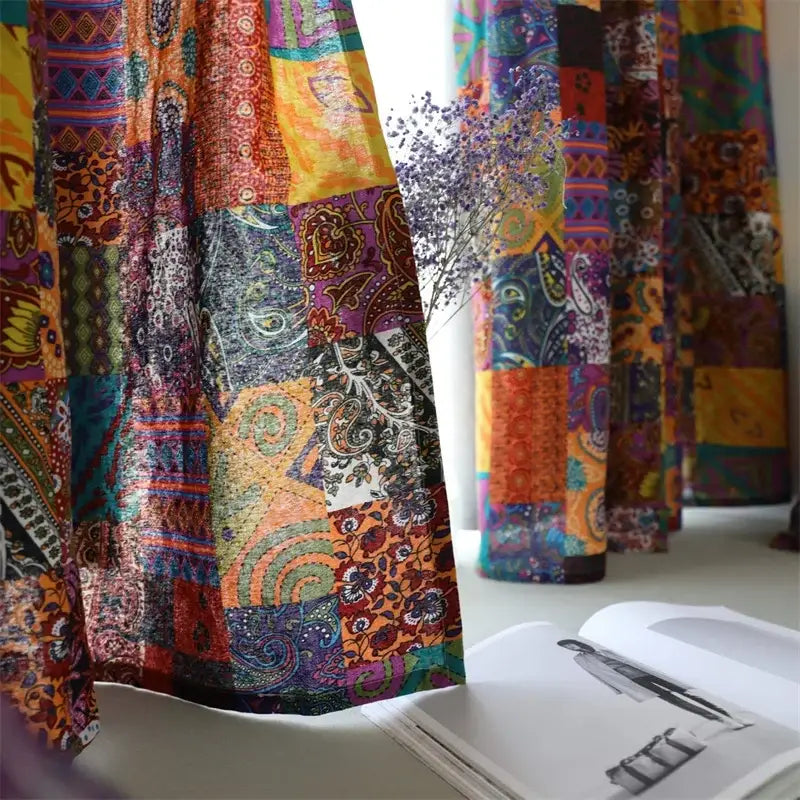 Vibrant patchwork bohemian retro ethnic cotton linen curtains in purple yellow with paisley floral geometric patterns for living room