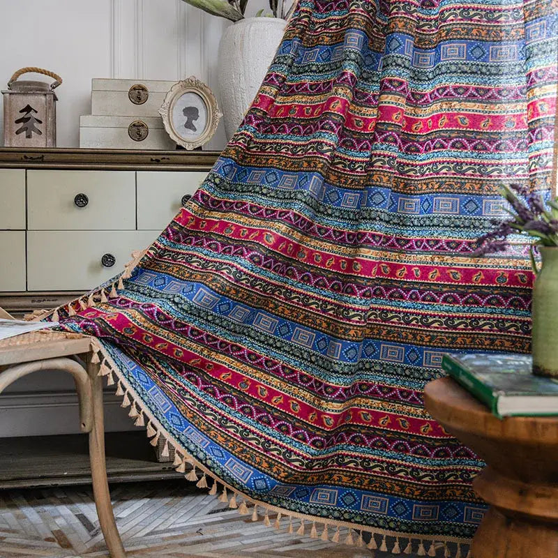Vibrant cotton linen bohemian retro ethnic curtains with multicolored geometric and paisley patterns for living room decor