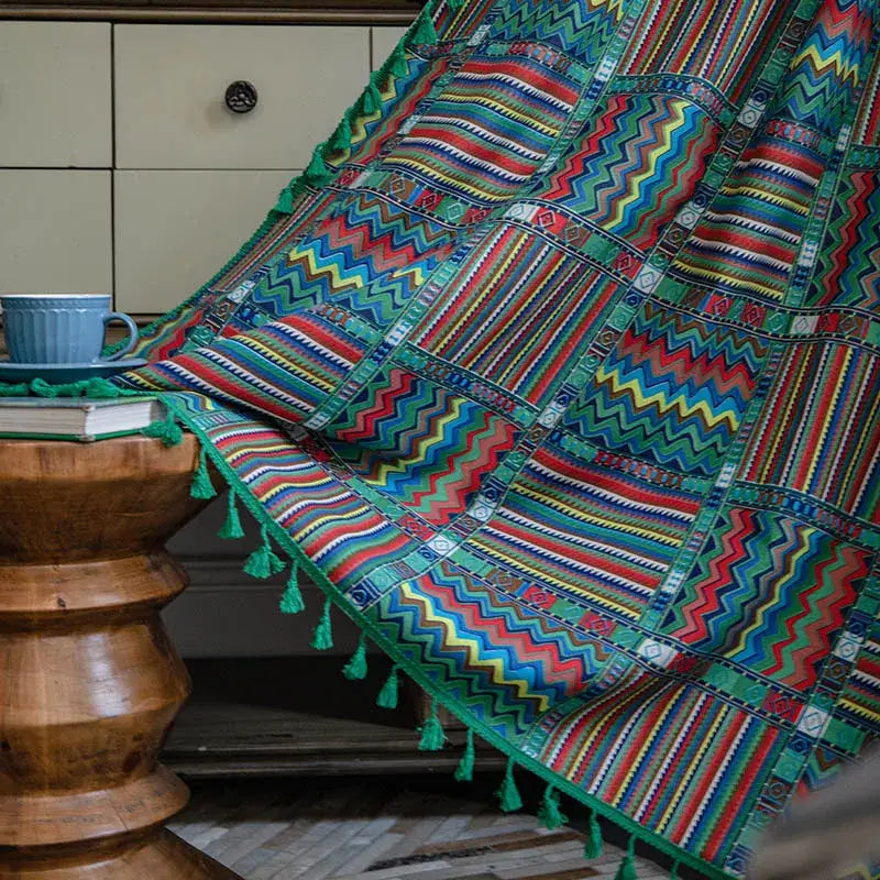 Vibrant bohemian retro cotton linen curtains with purple yellow zigzag patterns and green tassels for living room decorbites ethnic decor