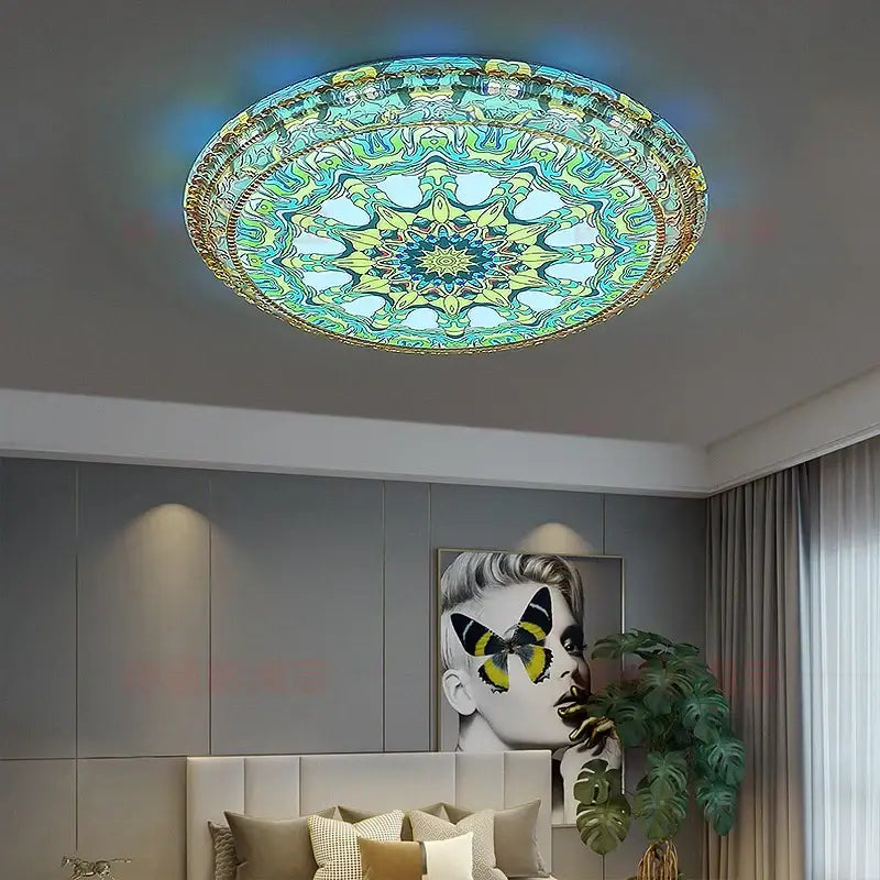 Circular ceiling lamp with intricate teal and gold mandala design for decorbites bohemian romantic art living room decor