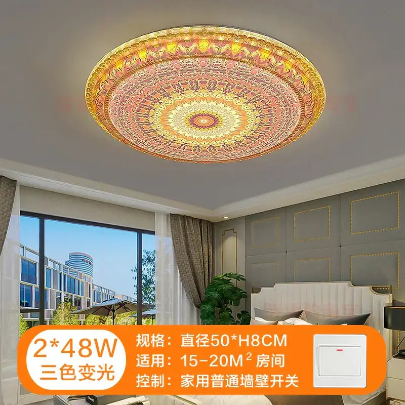 Circular decorbites bohemian romantic ceiling lamp with intricate mandala design in warm gold pink and cream tones