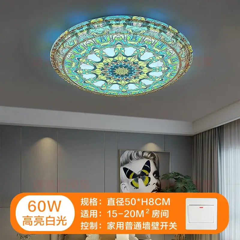 Circular ceiling lamp with intricate teal and gold mandala design decorbites bohemian romantic art for living room decor