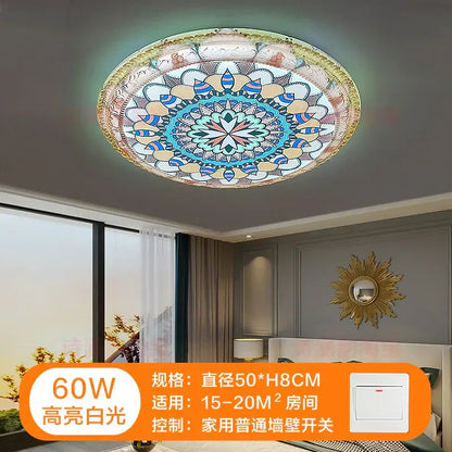 Circular ceiling lamp with intricate blue teal gold and cream mandala design decorbites bohemian romantic art style