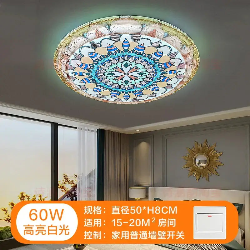 Circular ceiling lamp with intricate blue teal gold and cream mandala design decorbites bohemian romantic art style