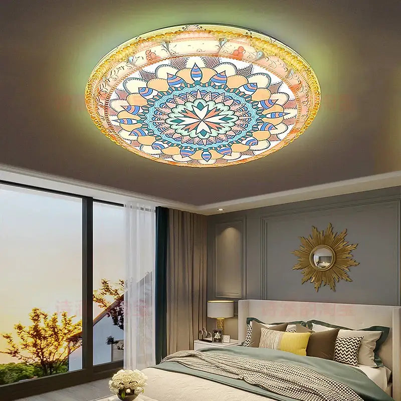 Circular ceiling lamp with intricate pastel blue pink and gold mandala design from decorbites bohemian romantic art collection