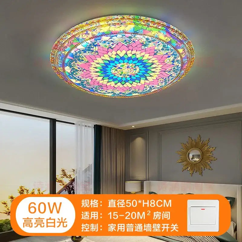 Vibrant circular bohemian romantic art ceiling lamp with rainbow mosaic pattern and gold-trimmed edges for living room decorbites