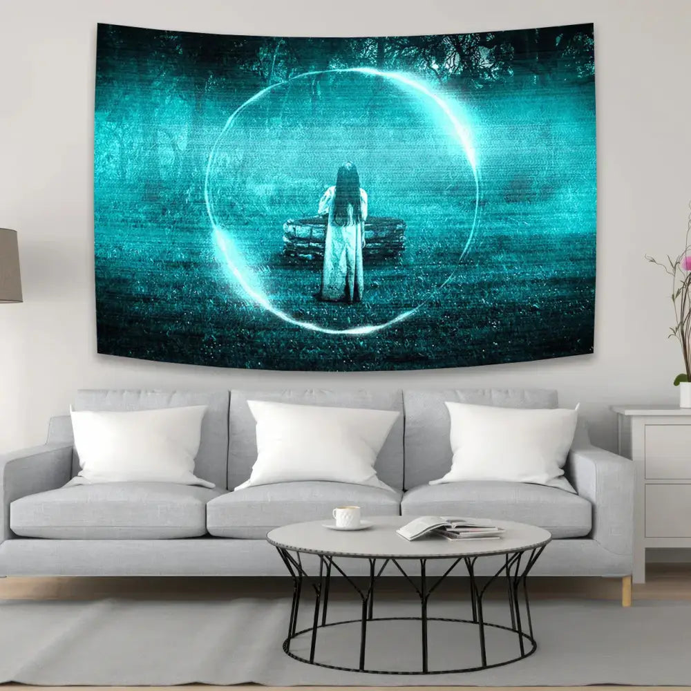 Teal and black mystical bohemian sadakos wall tapestry featuring glowing figure for blue bedroom decorbites sadakos wall decor