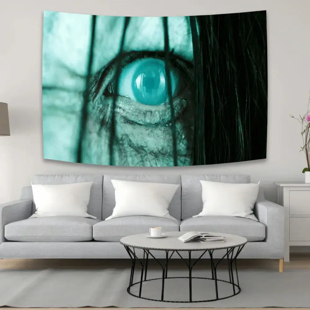 Bohemian sadakos wall tapestry featuring a teal and black close-up of a glowing blue eye for bedroom decorbites decor