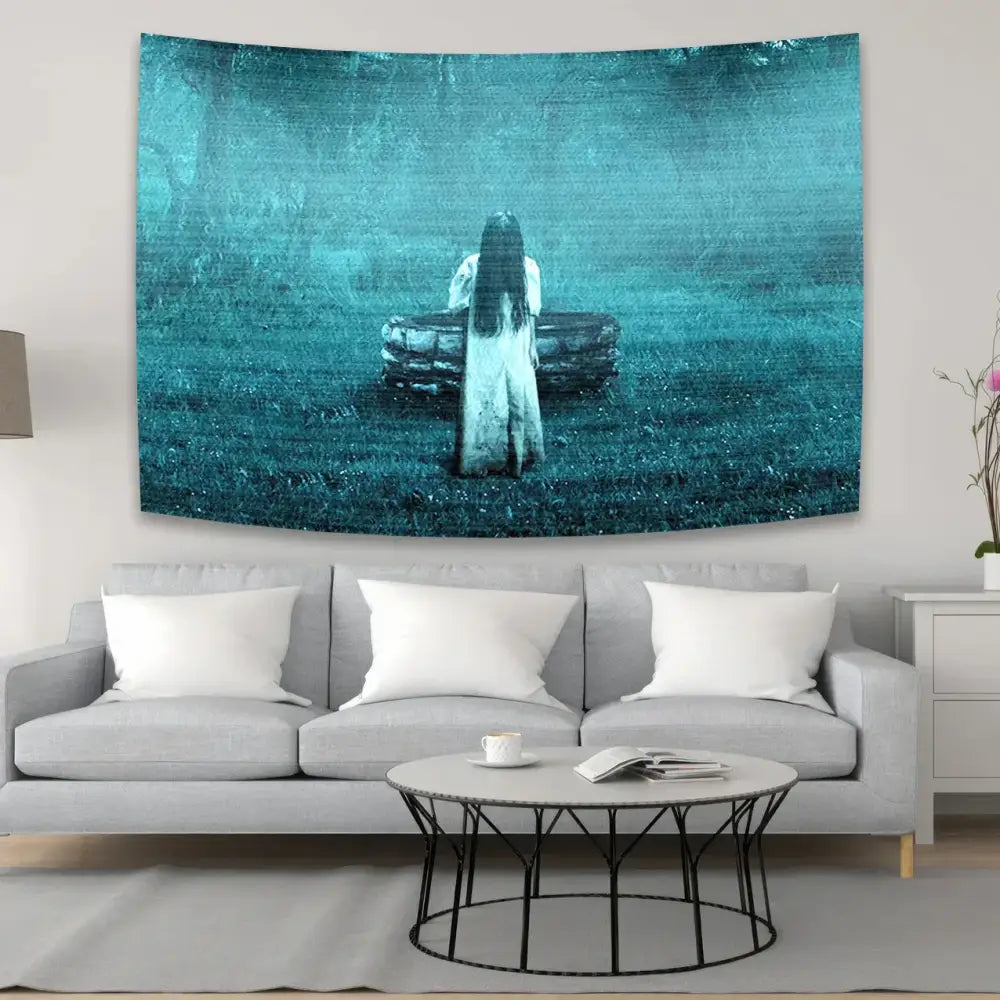 Bohemian sadakos wall tapestry in teal featuring a ghostly figure and ancient stone decorbites fabric decor for bedroom