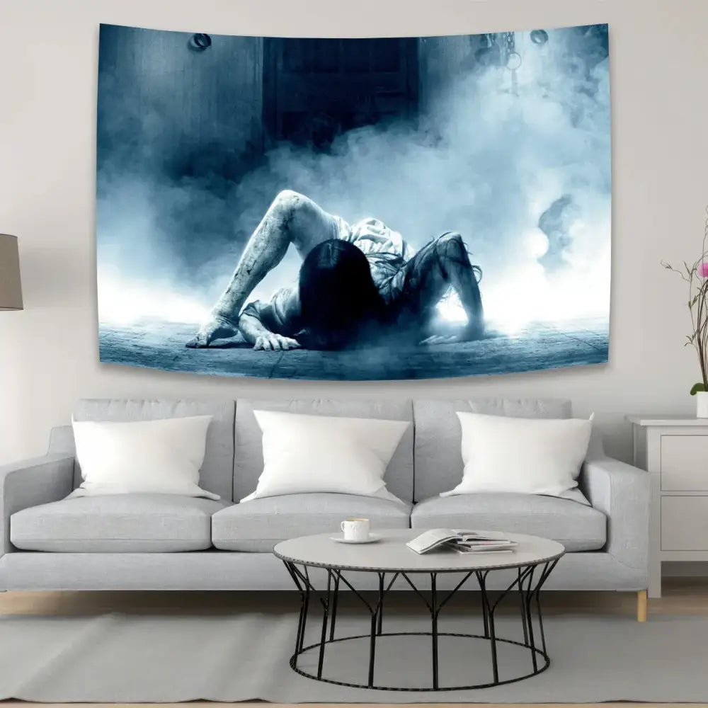 Blue-toned bohemian sadakos wall tapestry with smoke figure hanging above gray sofa for bedroom decorbites decor