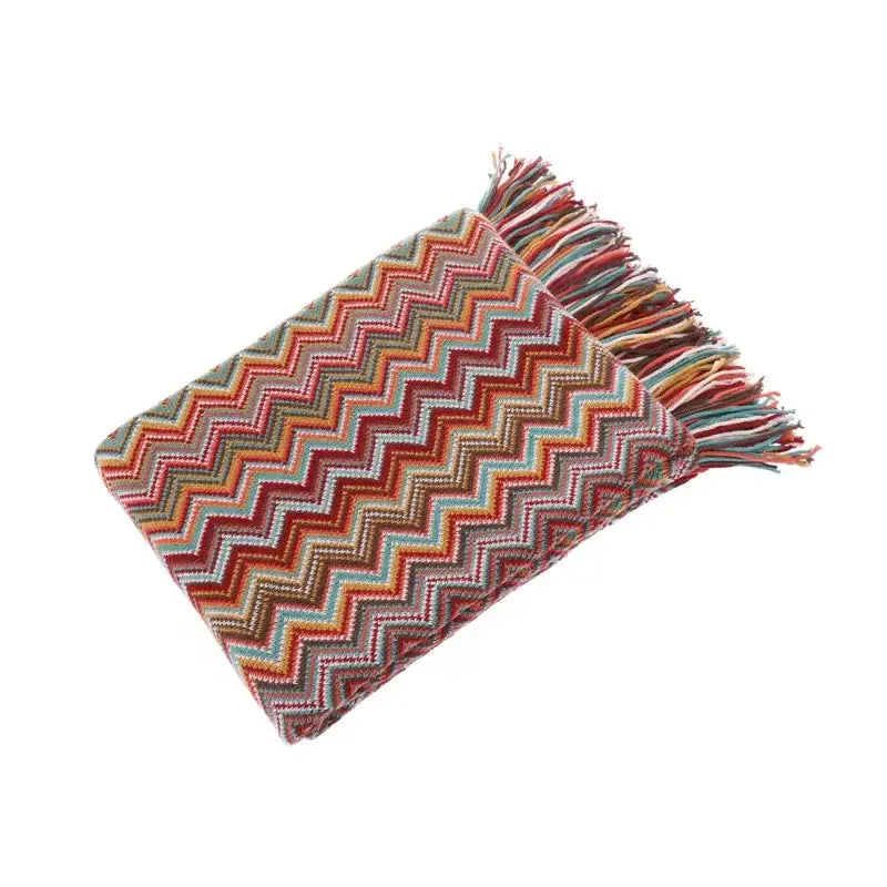 Bohemian stripe throw blanket with colorful zigzag knit pattern and multicolored fringe for living room decorbites decor