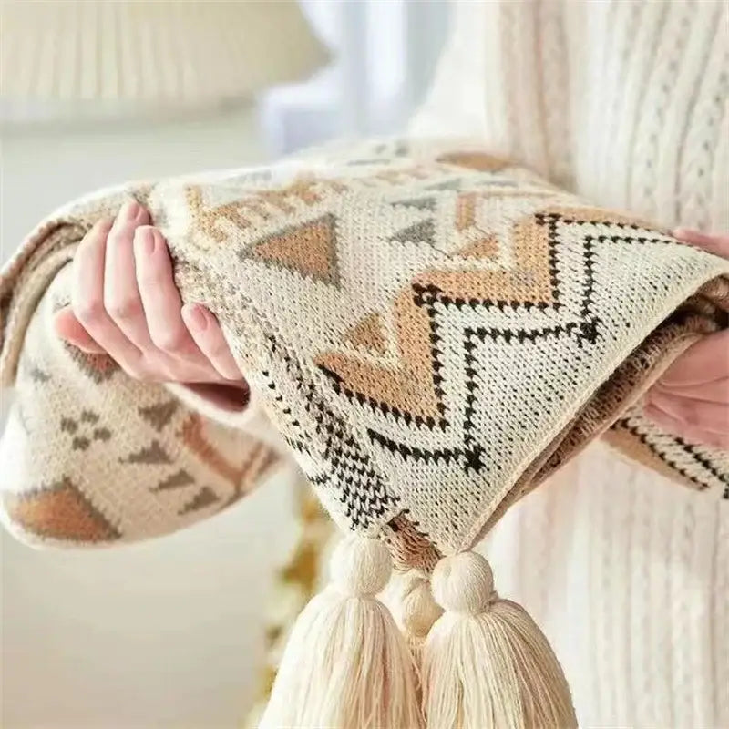 Beige and tan geometric patterned bohemian striped knit throw blanket with tassels for living room decorbites bohemian striped decor