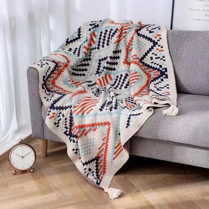 Cozy cream bohemian striped knit throw blanket with bold orange navy teal patterns and tassels for living room decorbites bohemian striped
