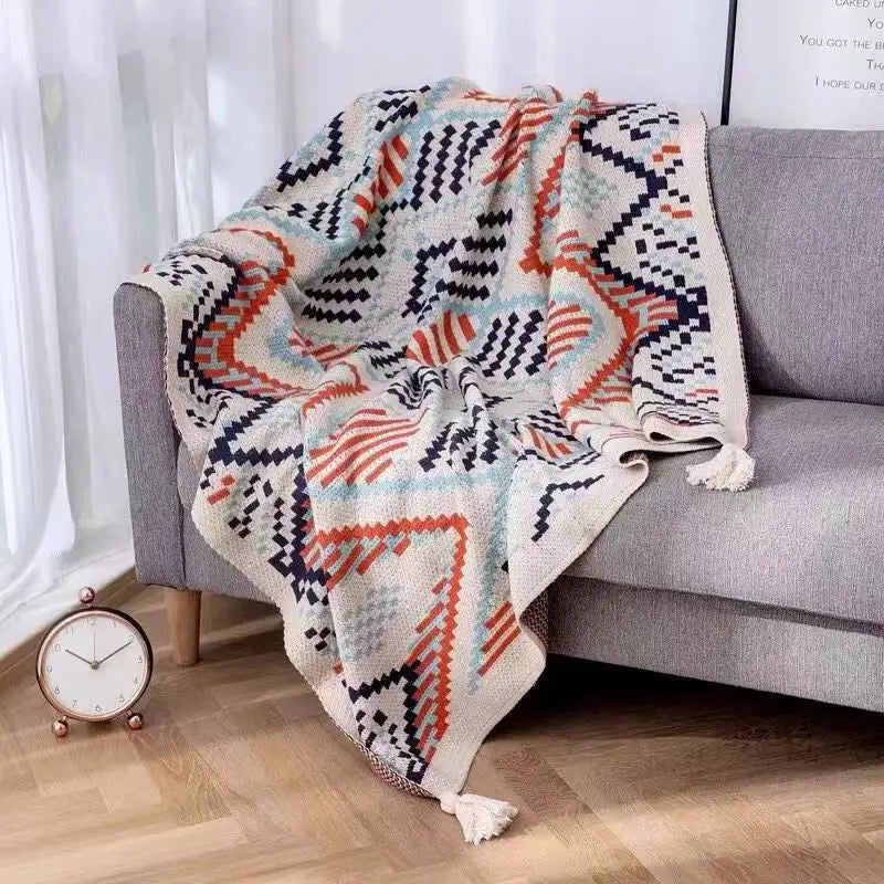 Cozy cream bohemian striped knit throw blanket with bold orange navy teal patterns and tassels for living room decorbites bohemian striped