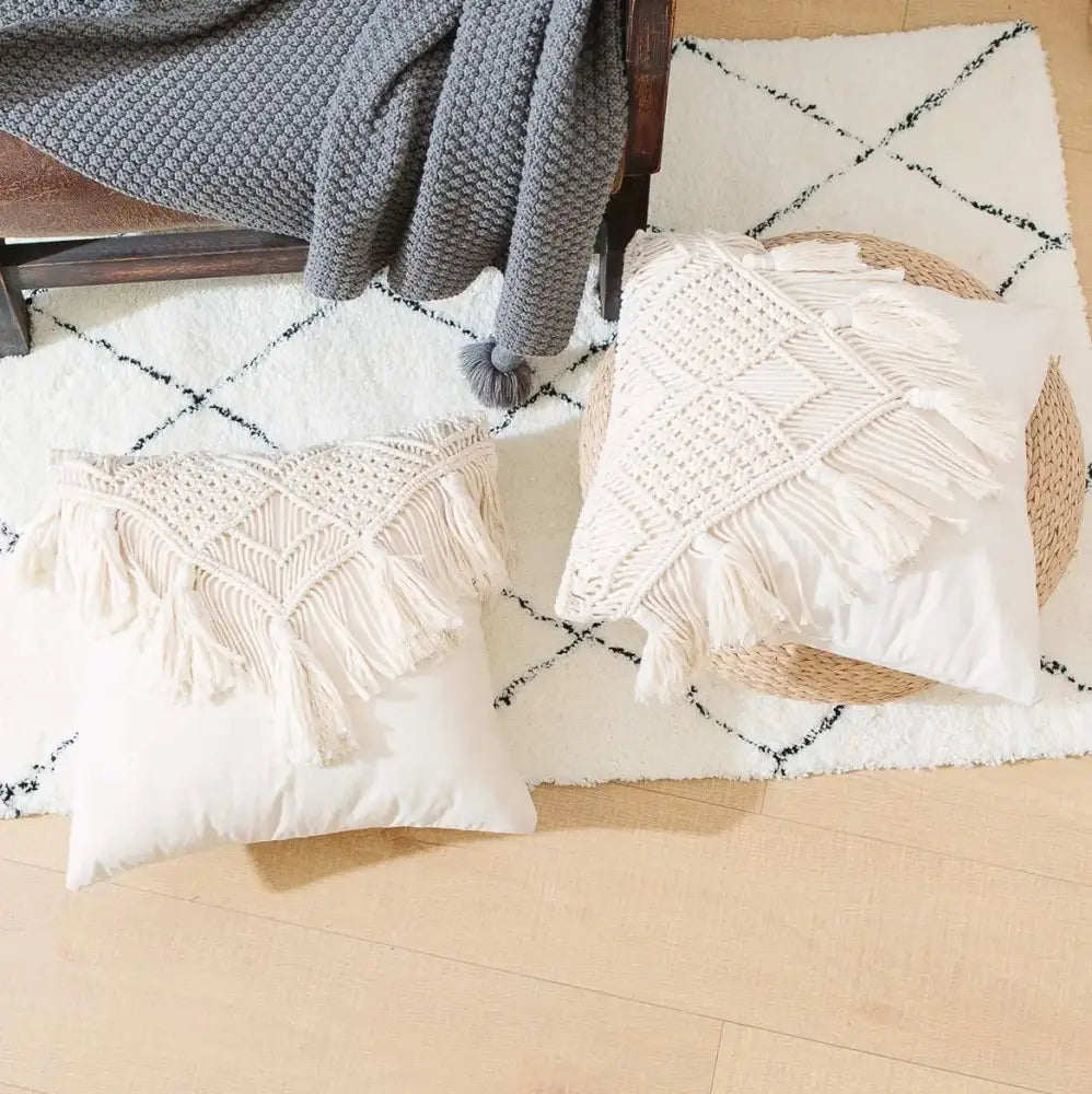 Cream-colored bohemian style beige macrame cushion cover with fringe detailing for living room decorbites bohemian style decor