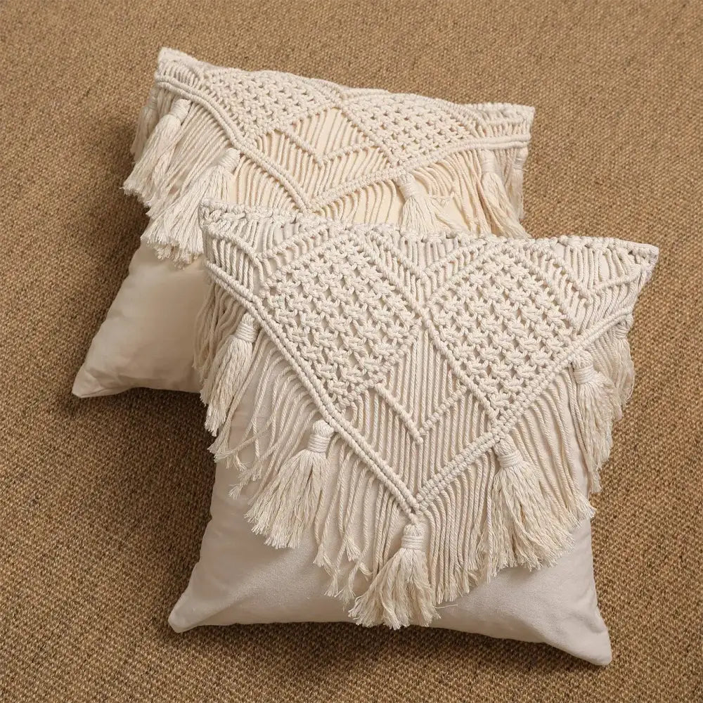 Cream-colored bohemian style beige macrame cushion cover with intricate woven patterns and tassels decorbites bohemian style
