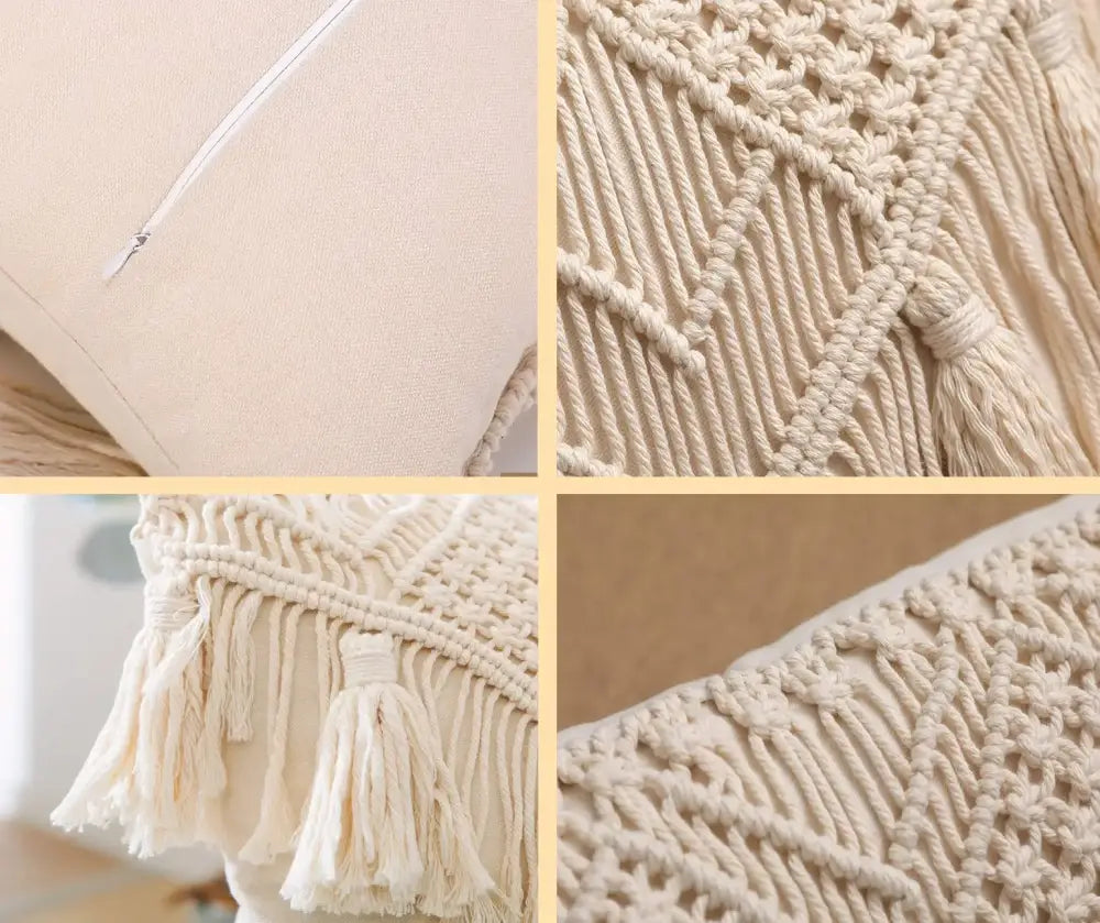 Cream-colored macrame cushion cover with intricate woven patterns and tassels decorbites bohemian style beige decor