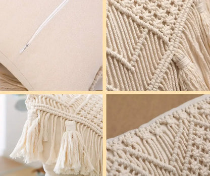Cream-colored macrame cushion cover with intricate woven patterns and tassels decorbites bohemian style beige decor