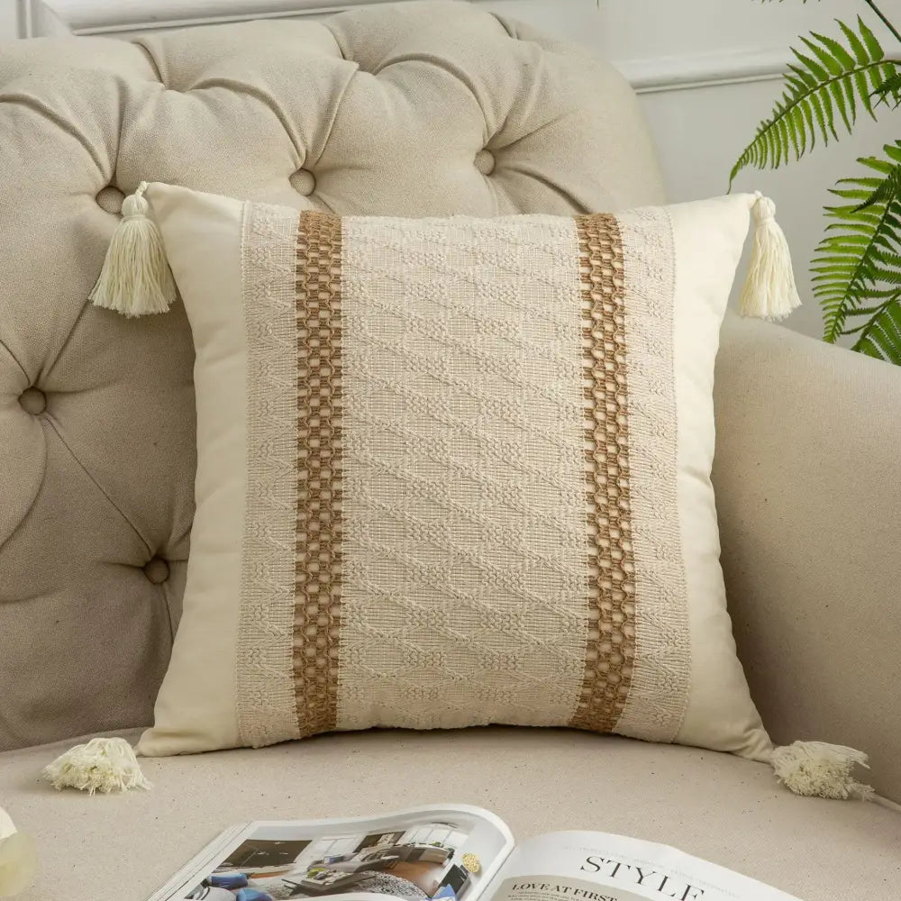 Beige pillow cover with woven gold stripes and cream tassels decorbites bohemian style fringed living room decor