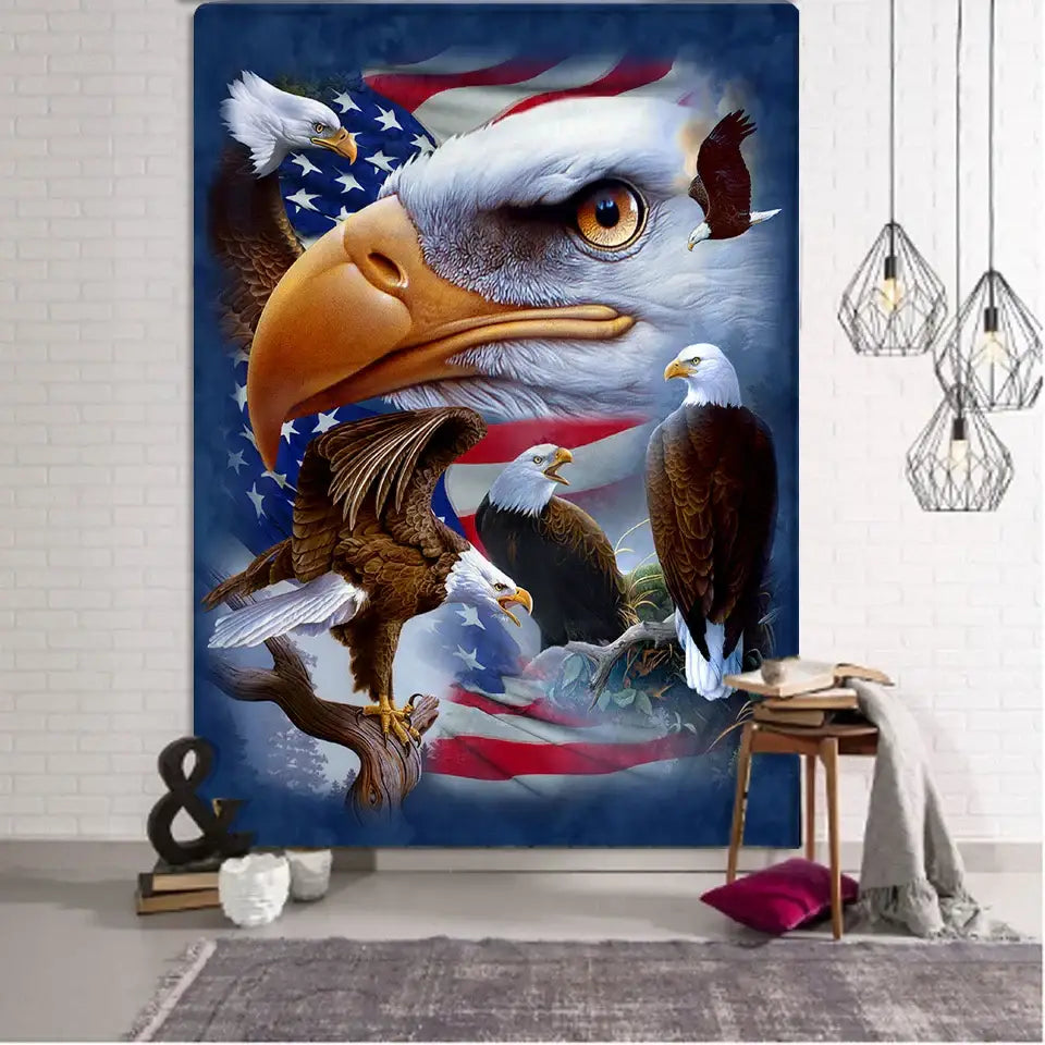 Vibrant american eagle-themed bohemian sun moon flag wall hanging tapestry featuring dynamic bald eagles decorbites bohemian sun