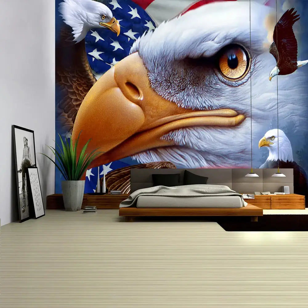A detailed bohemian sun moon american eagle flag wall hanging tapestry featuring a realistic bald eagle and u.s. flag backdrop