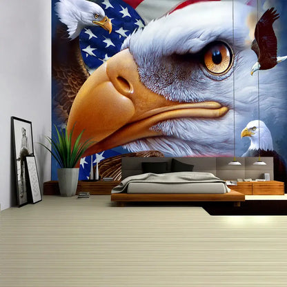 A detailed bohemian sun moon american eagle flag wall hanging tapestry featuring a realistic bald eagle and u.s. map
