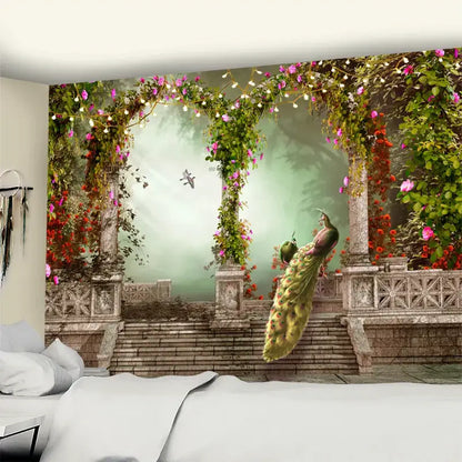 Bohemian sunlit village garden tapestry with vibrant peacock and floral trellis for decorbites garden tapestry wall decor