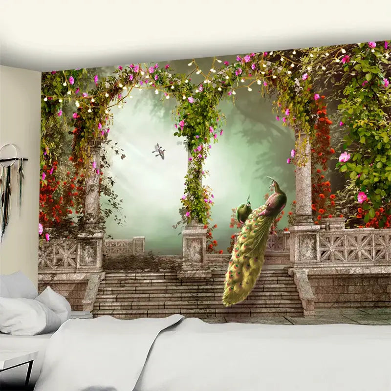 Bohemian sunlit village garden tapestry with vibrant peacock and floral trellis for decorbites garden tapestry wall decor