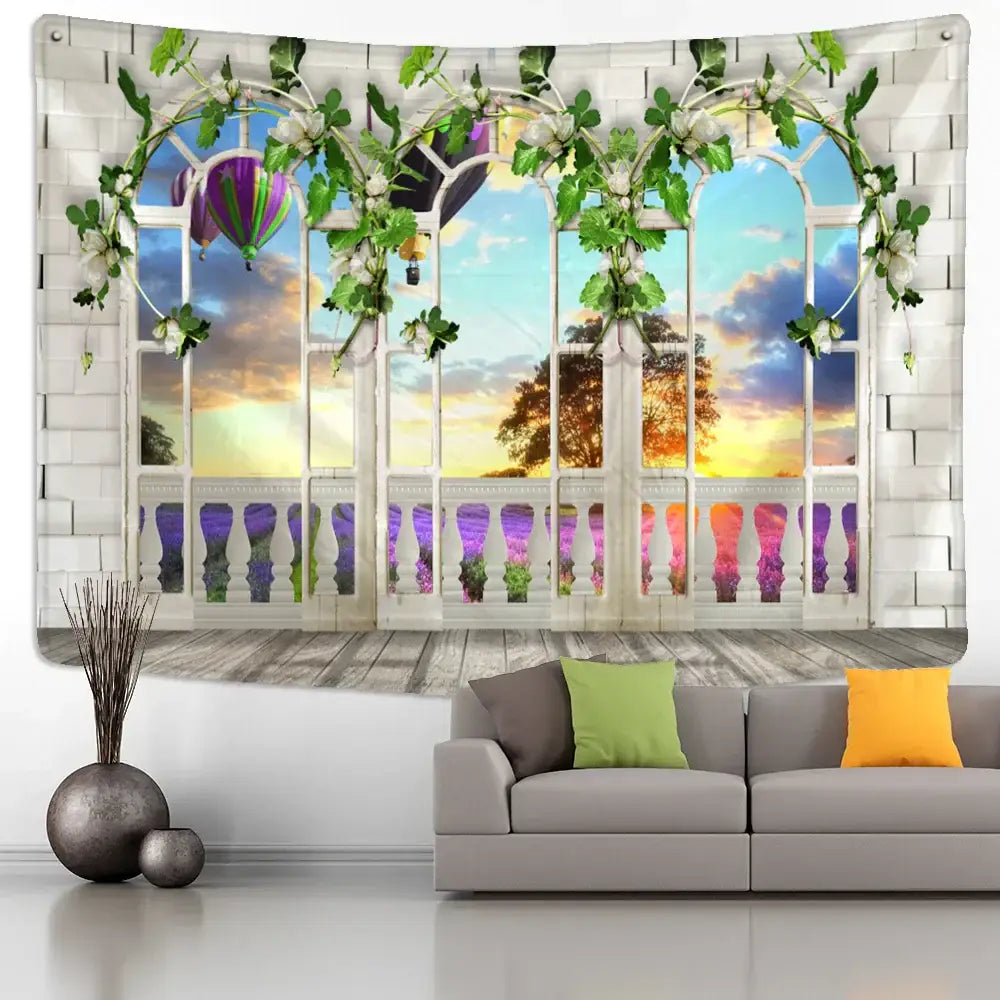 Bohemian sunlit village garden decorbites garden tapestry with white arched window and hot air balloons over lavender field