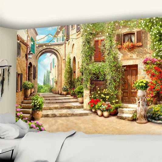 Bohemian sunlit village garden tapestry wall mural featuring a vibrant 3d-printed european alley decorbites garden tapestry