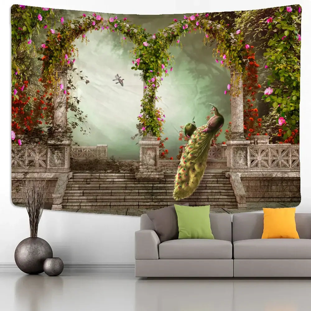 Bohemian sunlit village garden tapestry with vibrant blooming flowers and peacock for decorbites garden tapestry decor