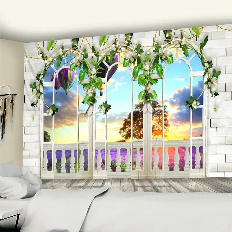 White arched decorbites garden tapestry with vibrant sunset lavender fields greenery and hot air balloons wall mural