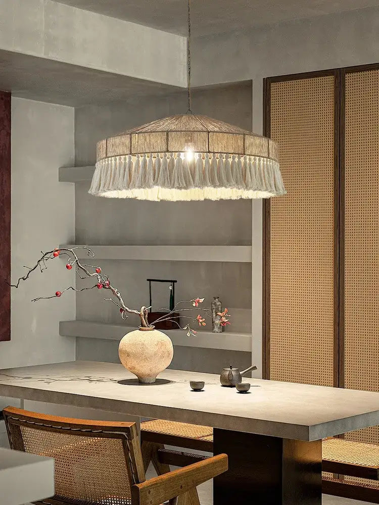 Beige woven tassel chandelier with fringed cylindrical shade decorbites bohemian tassel bedroom pendant light
