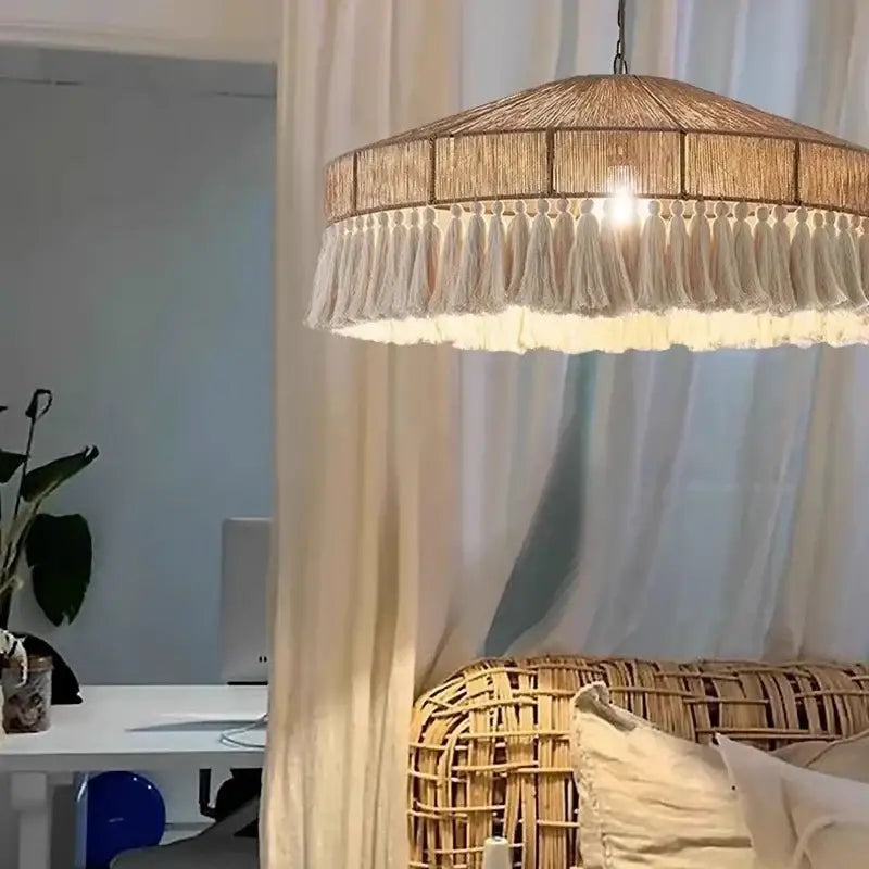 Beige natural woven bohemian tassel chandelier pendant light with matching fringe tassels for bedroom decorbites decor