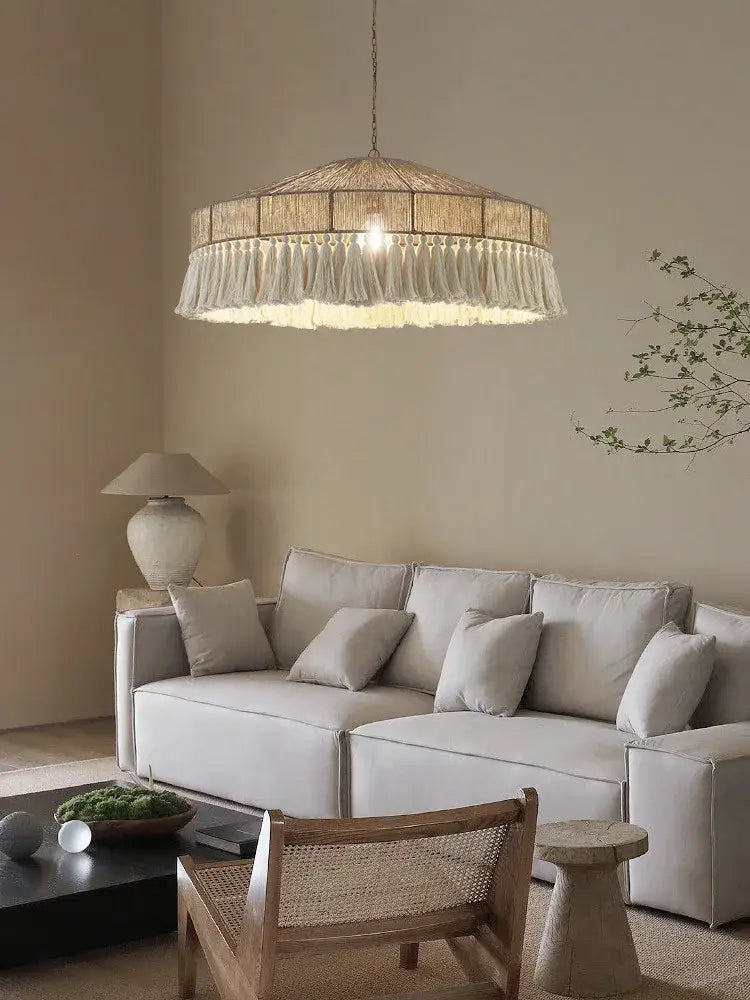 Beige woven natural pendant light with fringe detailing in decorbites bohemian tassel chandelier for bedroom decor