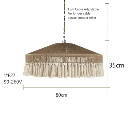 A rustic beige woven tassel chandelier with cream-colored fringe by decorbites bohemian tassel for bedroom decor