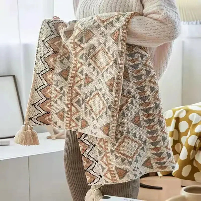 Beige and brown geometric-patterned bohemian tassel knit blanket with tassels for living room decorbites bohemian tassel