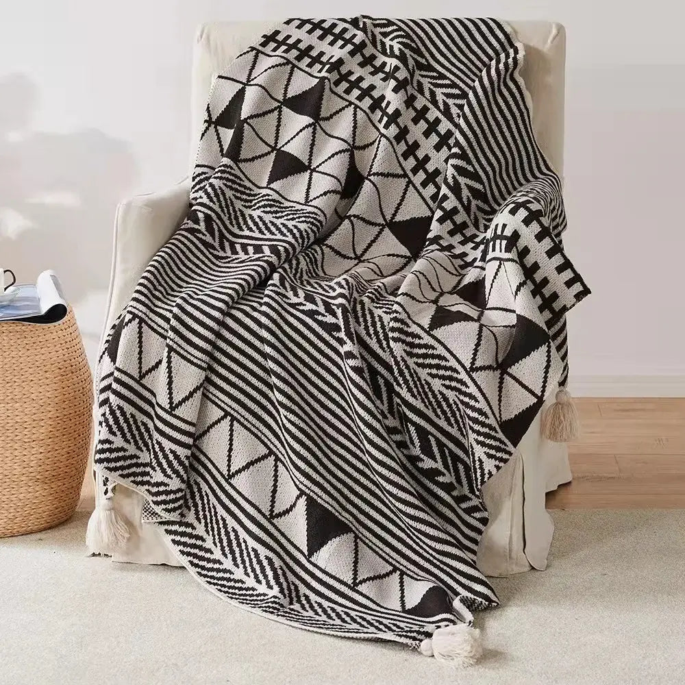 Bohemian tassel knit black and white geometric pattern throw blanket with tassels for cozy living room decorbites bohemian tassel