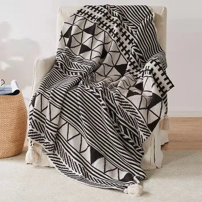 Bohemian tassel knit black and white geometric pattern throw blanket with tassels for cozy living room decorbites bohemian tassel