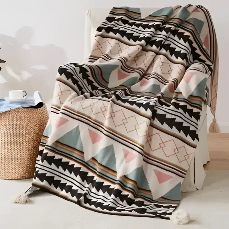 A decorbites bohemian tassel knit blanket with black beige teal and pink geometric pattern and tassels at the ends