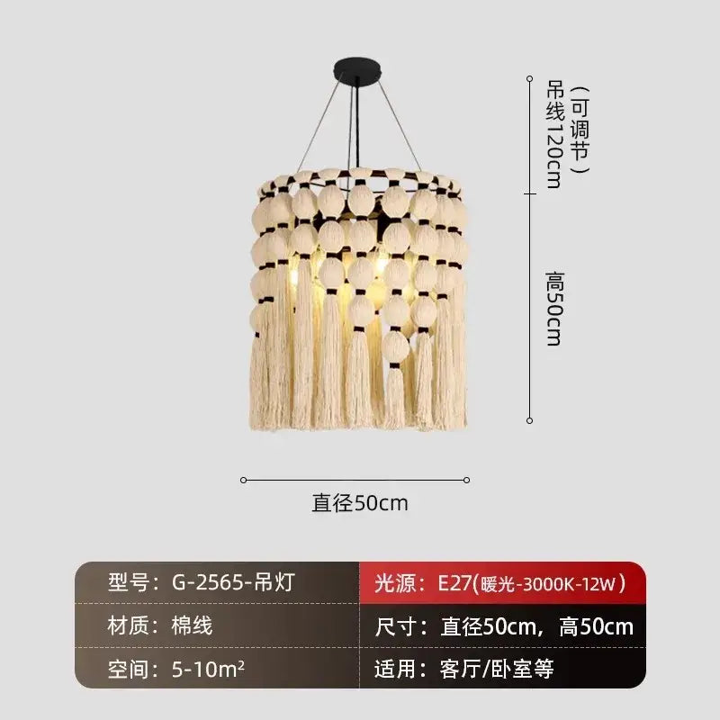 Beige cotton bohemian tassel pendant led light with tiered spherical beads and hanging tassels for decorbites decor