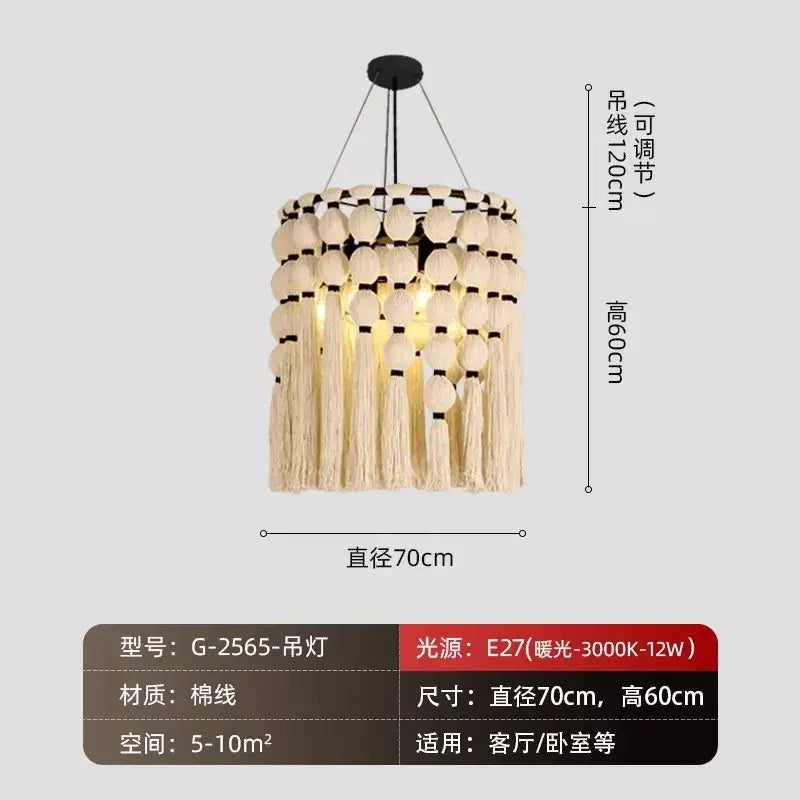 Beige cotton bohemian tassel pendant led light with tiered circular discs and hanging tassels for decorbites bohemian tassel decor
