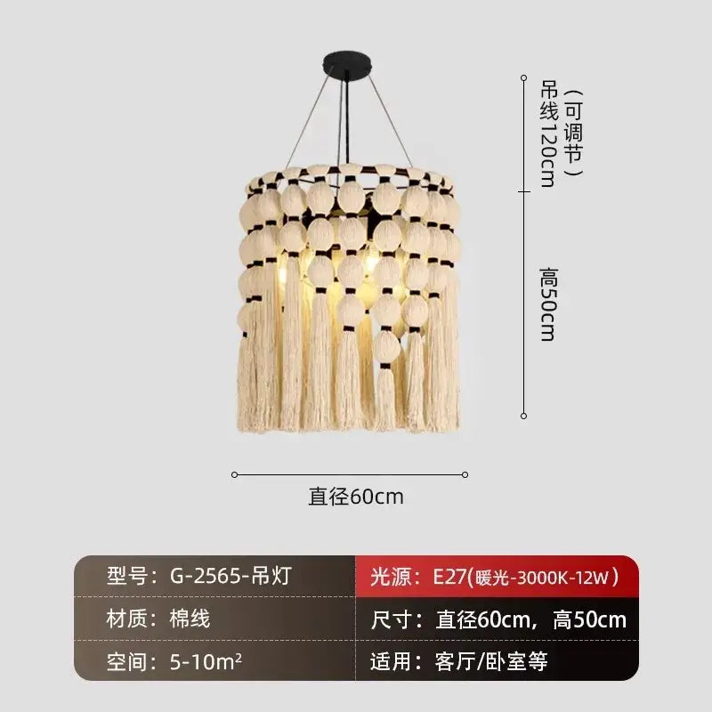 Beige cotton bohemian tassel pendant led light with tiered circular discs and hanging tassels for bedroom decorbites decor