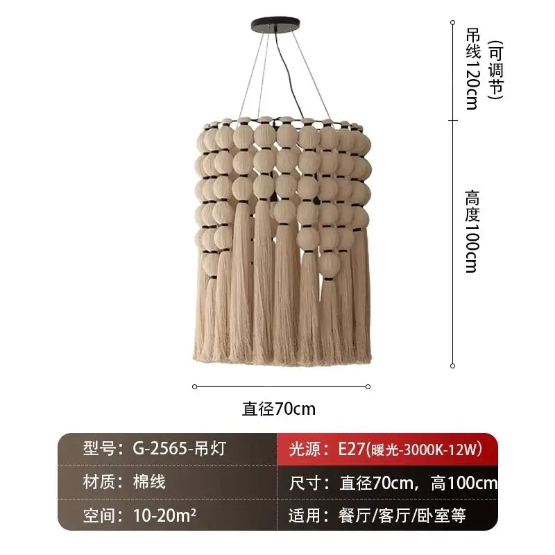 Beige cotton chandelier with tiered wooden beads and tassels macrame bohemian tassel pendant led light by decorbites g-2565